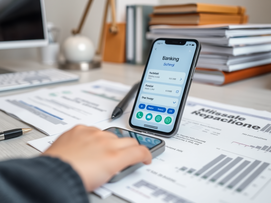 На рабочем столе smartphone с банковским приложением и финансовыми документами. Рядом ручка и компьютер.