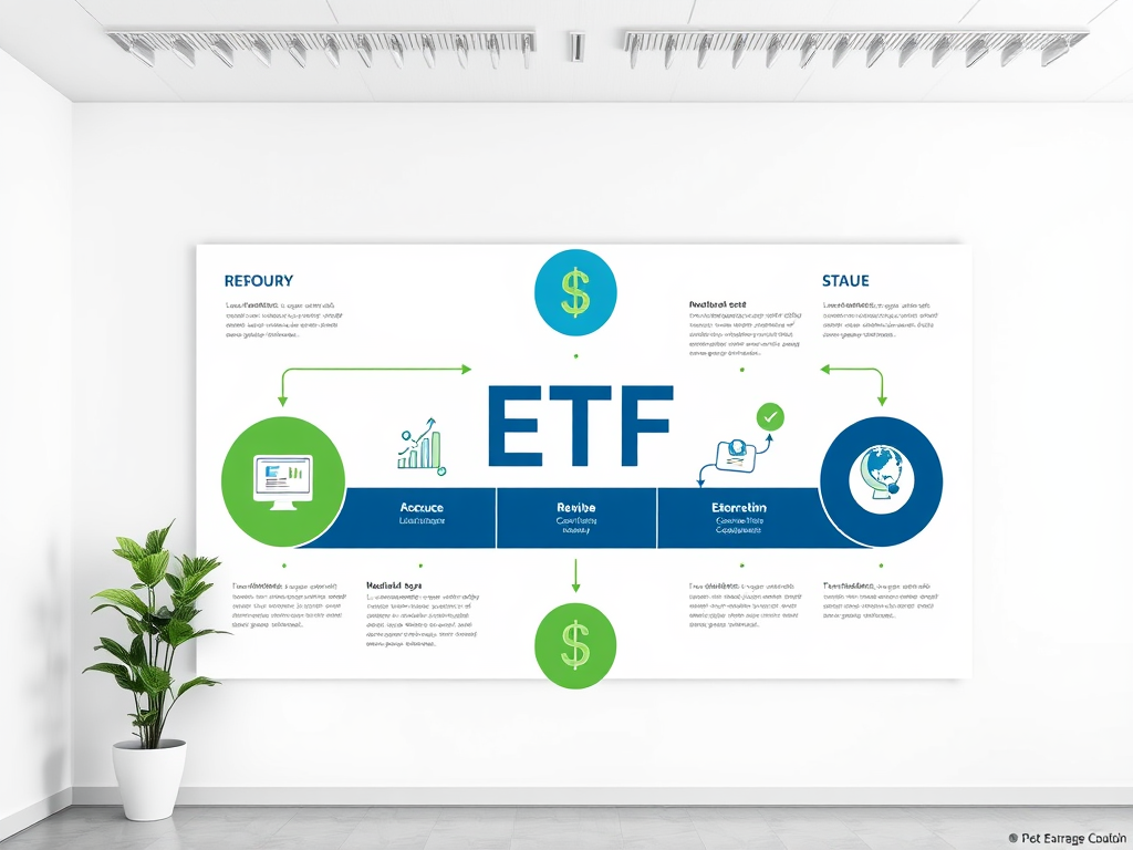 На картине представлена инфографика о ETF с боковыми стрелками и финансовыми значками.